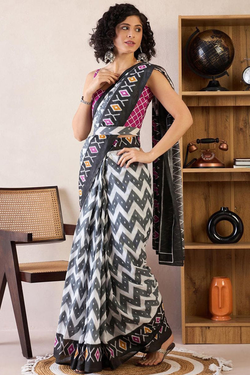 Efflorescence Black 1 Minute Ready To Wear Mul Cotton Digital Printed Saree With Pocket