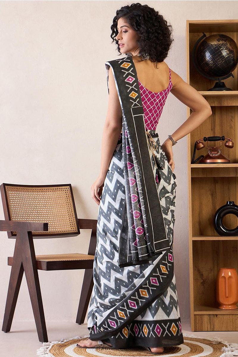 Efflorescence Black 1 Minute Ready To Wear Mul Cotton Digital Printed Saree With Pocket