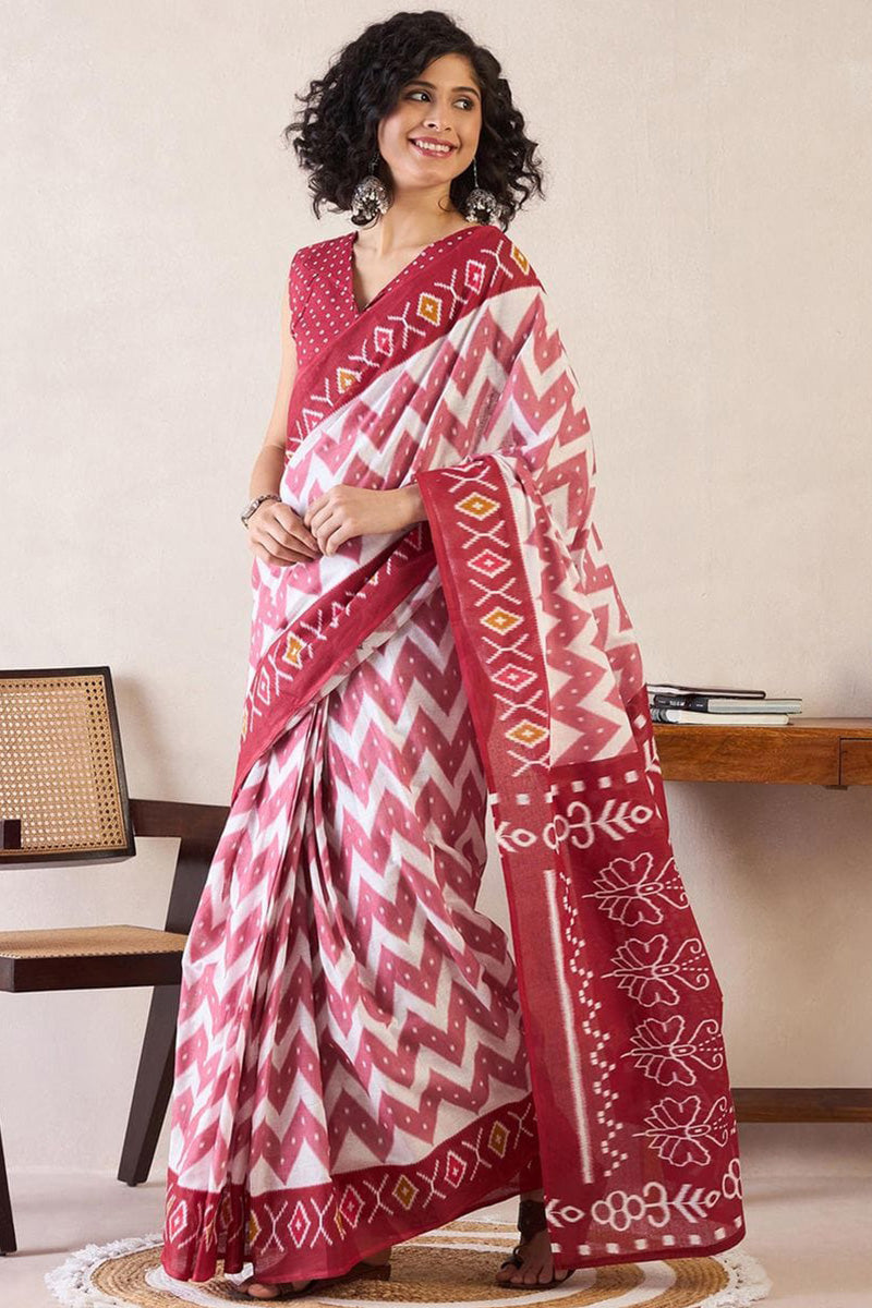 Felicitous Pink 1 Minute Ready To Wear Mul Cotton Digital Printed Saree With Pocket