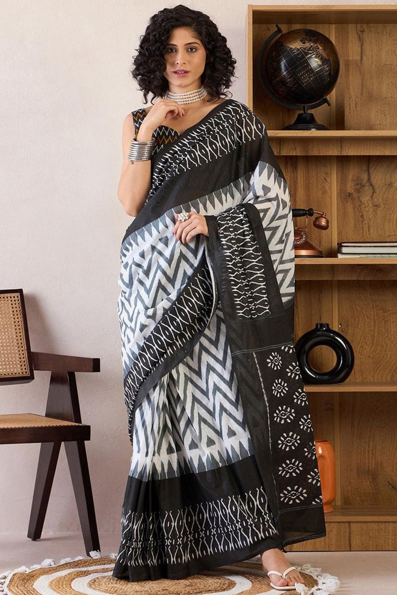 Glorious Black 1 Minute Ready To Wear Mul Cotton Digital Printed Saree With Pocket