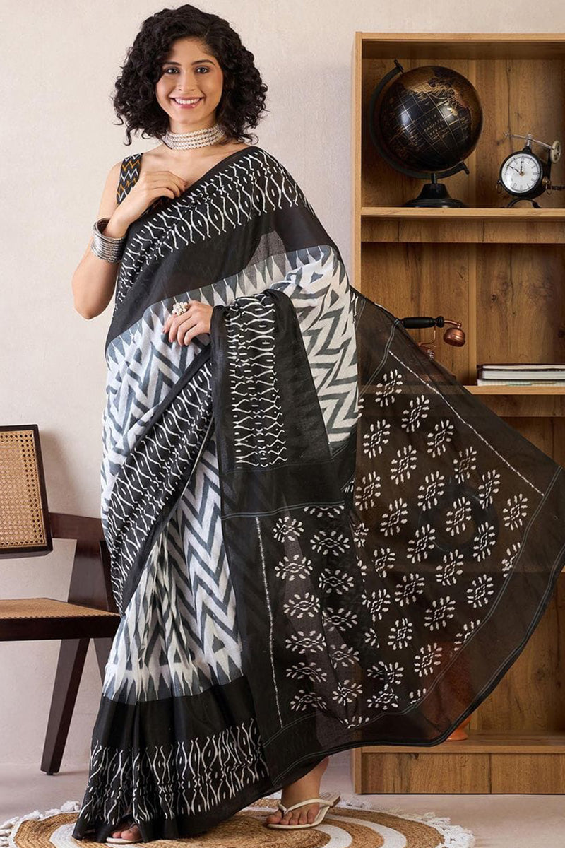 Glorious Black 1 Minute Ready To Wear Mul Cotton Digital Printed Saree With Pocket