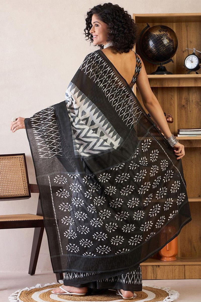 Glorious Black 1 Minute Ready To Wear Mul Cotton Digital Printed Saree With Pocket