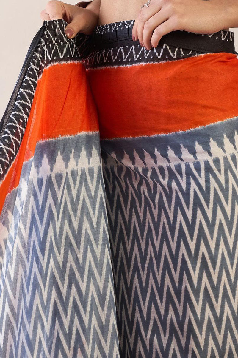 Efflorescence Black And Orange 1 Minute Ready To Wear Mul Cotton Digital Printed Saree With Pocket