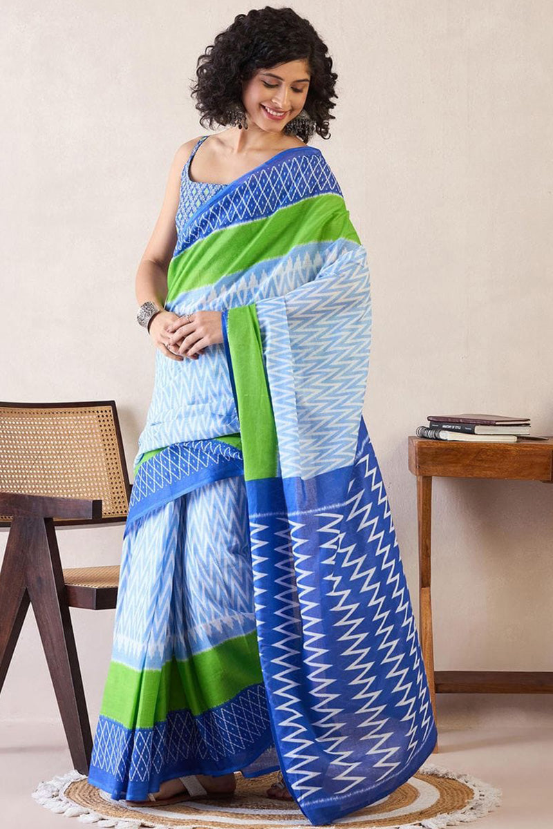 Outstanding Blue And Parrot 1 Minute Ready To Wear Mul Cotton Digital Printed Saree With Pocket