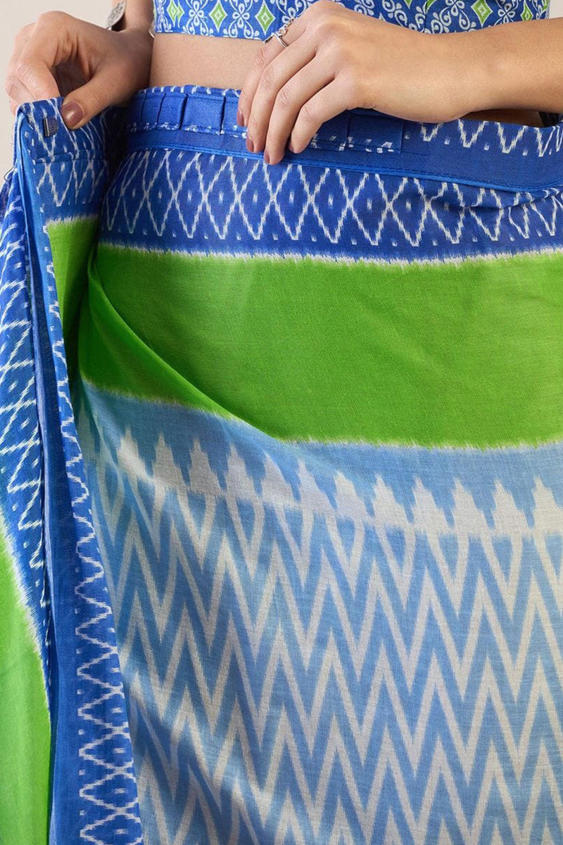Outstanding Blue And Parrot 1 Minute Ready To Wear Mul Cotton Digital Printed Saree With Pocket