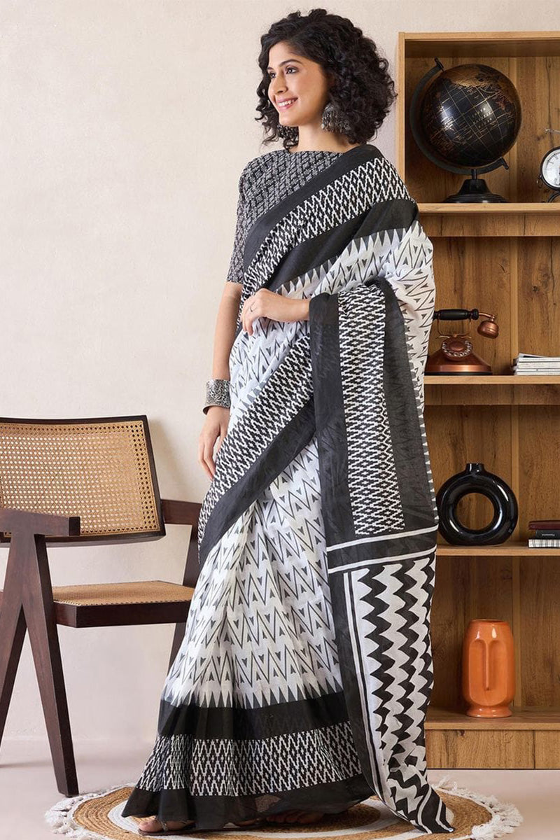 Impressive Black 1 Minute Ready To Wear Mul Cotton Digital Printed Saree With Pocket