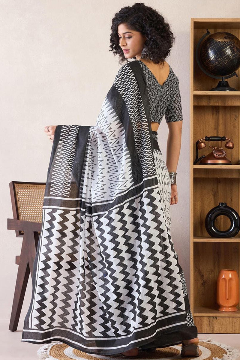 Impressive Black 1 Minute Ready To Wear Mul Cotton Digital Printed Saree With Pocket