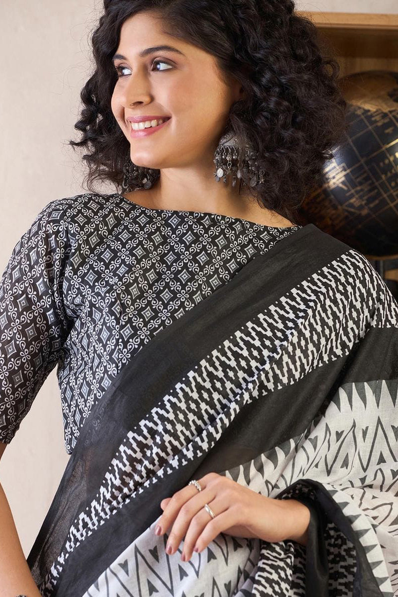 Impressive Black 1 Minute Ready To Wear Mul Cotton Digital Printed Saree With Pocket