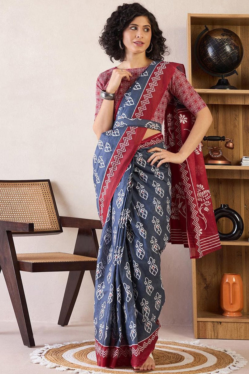 Lovely Blue 1 Minute Ready To Wear Mul Cotton Digital Printed Saree With Pocket