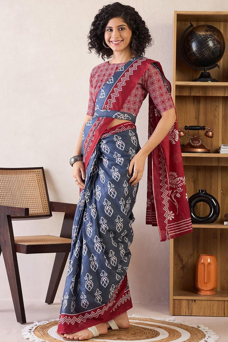 Lovely Blue 1 Minute Ready To Wear Mul Cotton Digital Printed Saree With Pocket