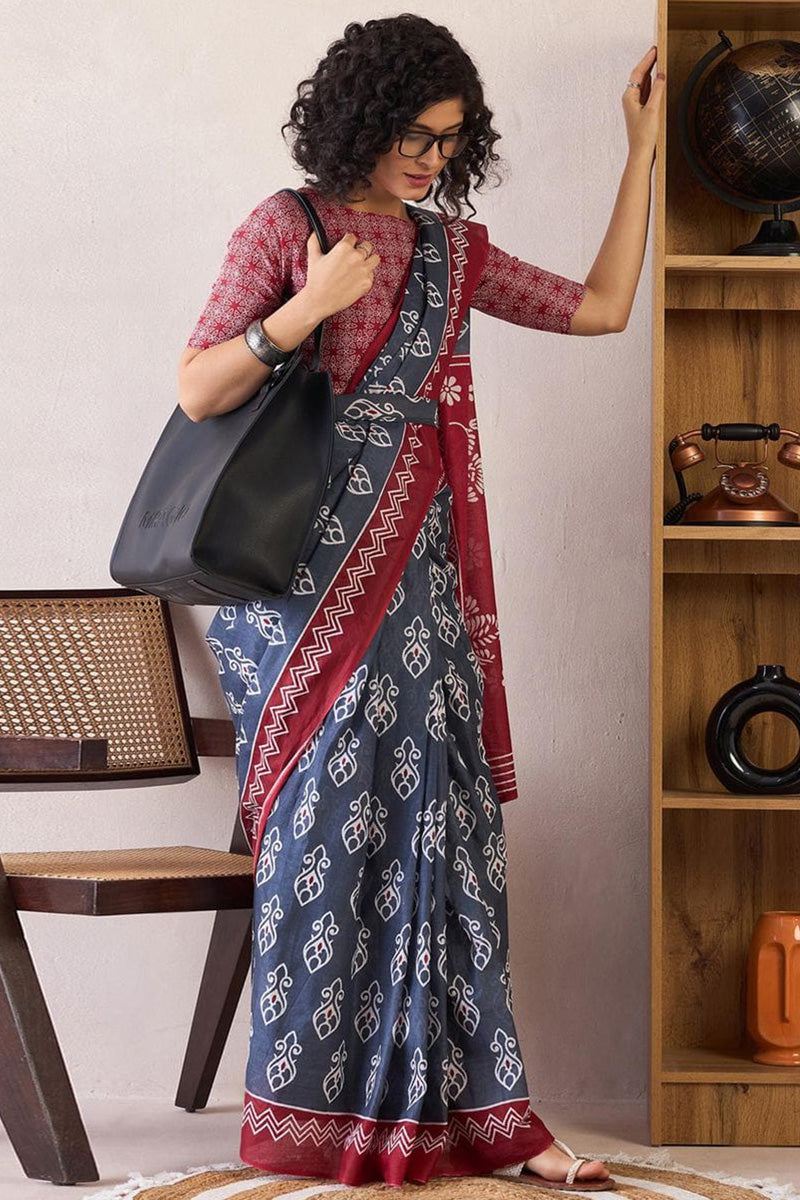 Lovely Blue 1 Minute Ready To Wear Mul Cotton Digital Printed Saree With Pocket