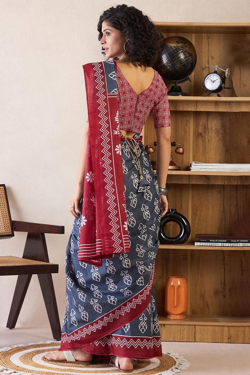 Lovely Blue 1 Minute Ready To Wear Mul Cotton Digital Printed Saree With Pocket