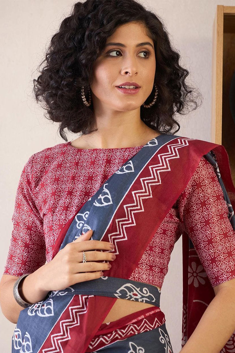 Lovely Blue 1 Minute Ready To Wear Mul Cotton Digital Printed Saree With Pocket