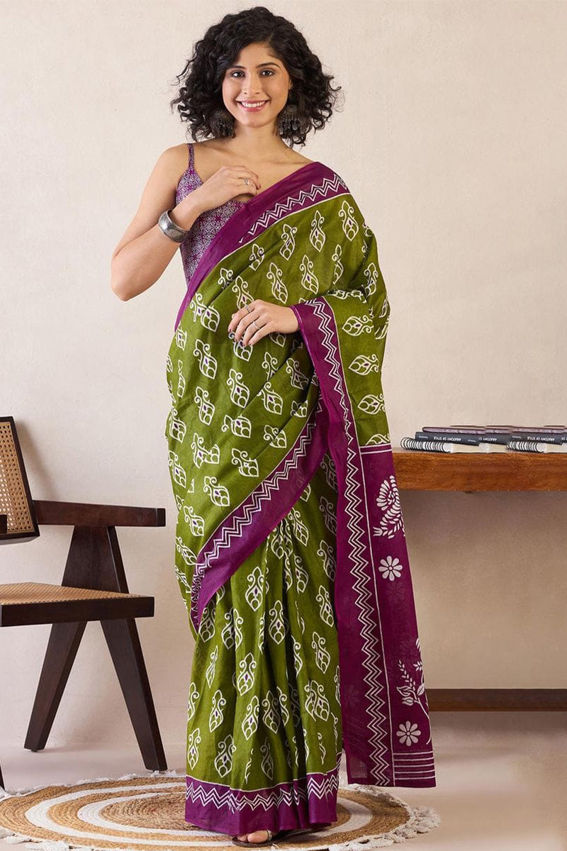 Marvellous Mehndi 1 Minute Ready To Wear Mul Cotton Digital Printed Saree With Pocket
