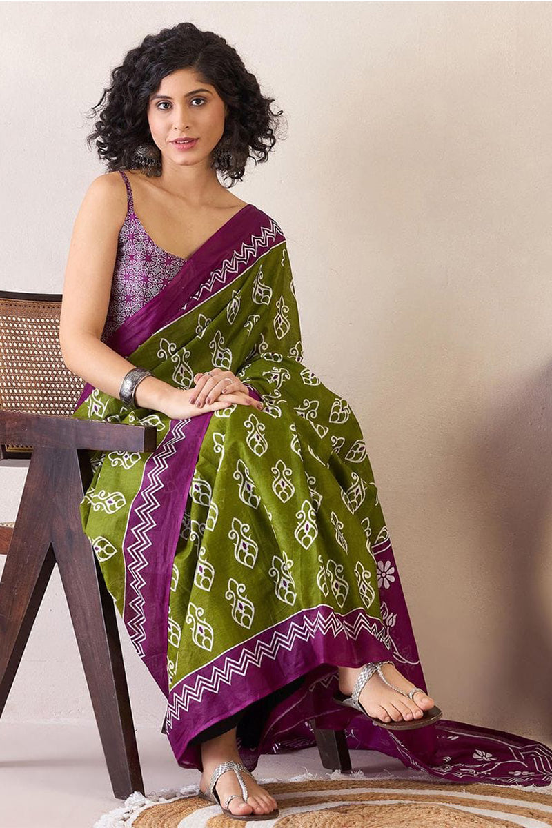 Marvellous Mehndi 1 Minute Ready To Wear Mul Cotton Digital Printed Saree With Pocket