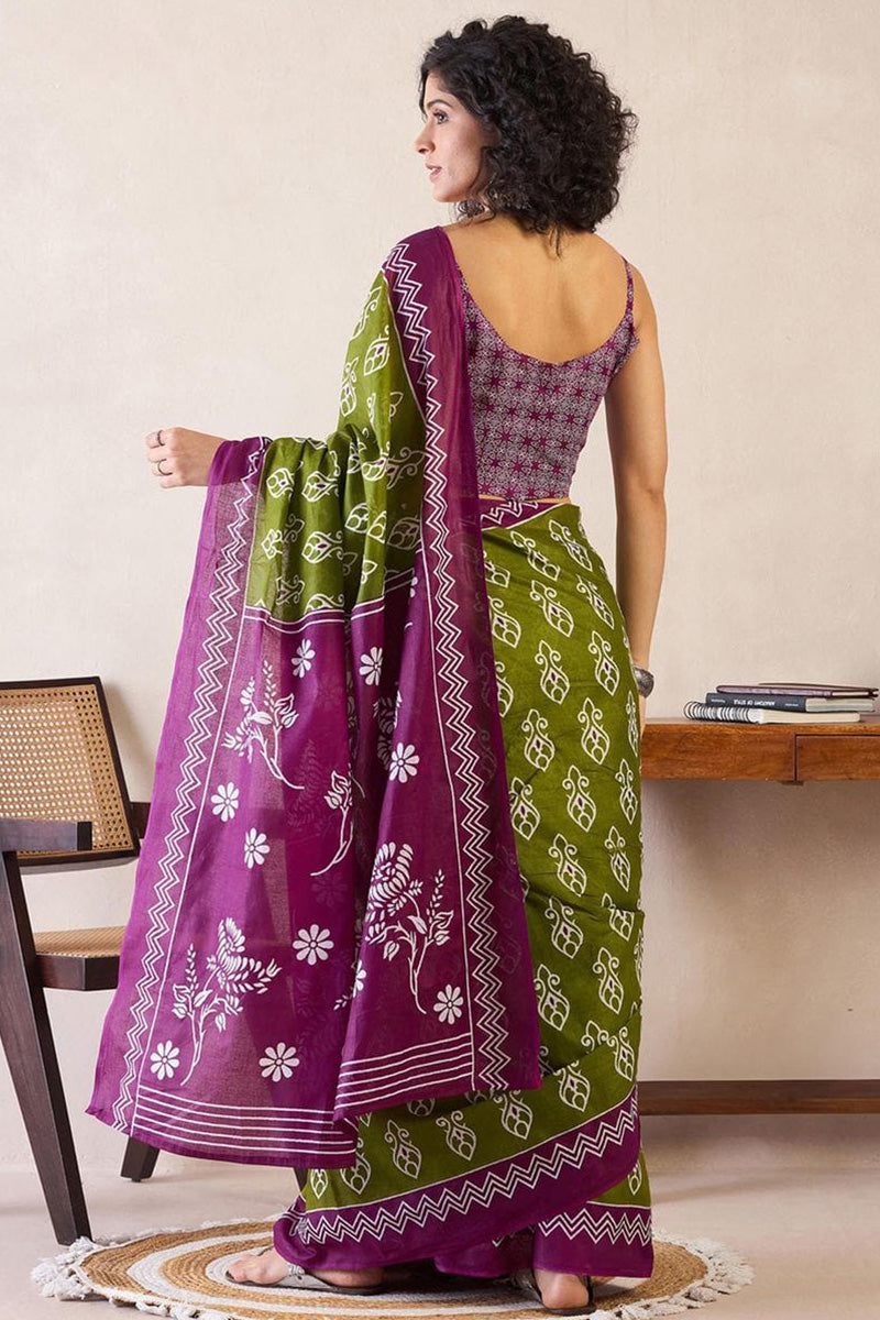 Marvellous Mehndi 1 Minute Ready To Wear Mul Cotton Digital Printed Saree With Pocket