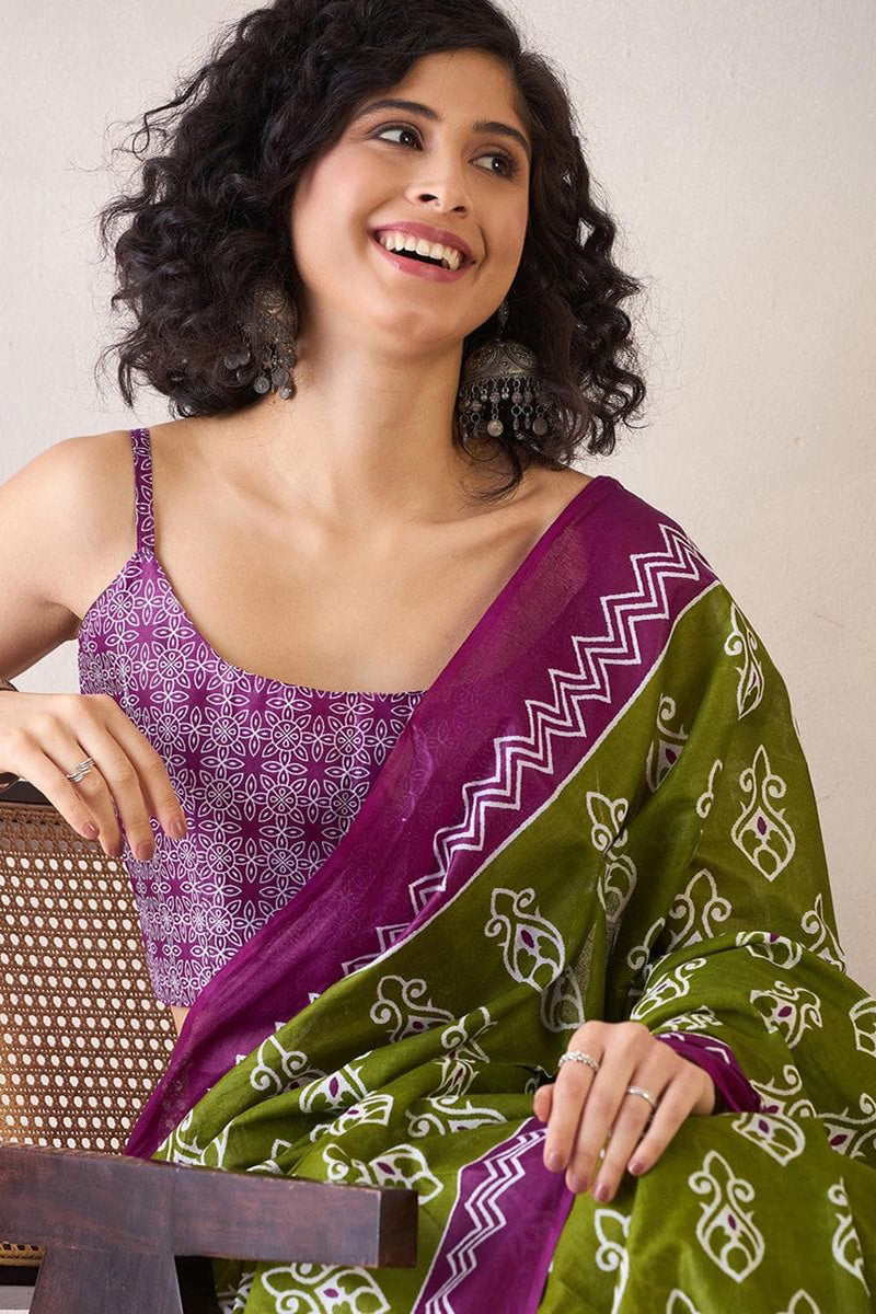 Marvellous Mehndi 1 Minute Ready To Wear Mul Cotton Digital Printed Saree With Pocket
