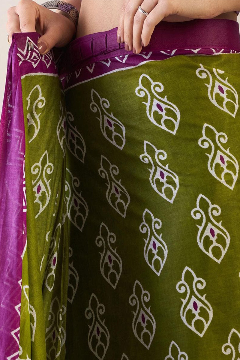 Marvellous Mehndi 1 Minute Ready To Wear Mul Cotton Digital Printed Saree With Pocket