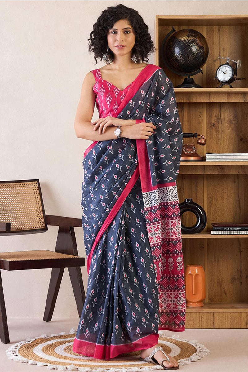 Redolent Navy Blue 1 Minute Ready To Wear Mul Cotton Digital Printed Saree With Pocket