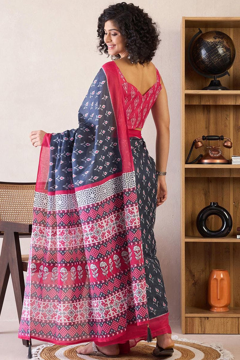 Redolent Navy Blue 1 Minute Ready To Wear Mul Cotton Digital Printed Saree With Pocket