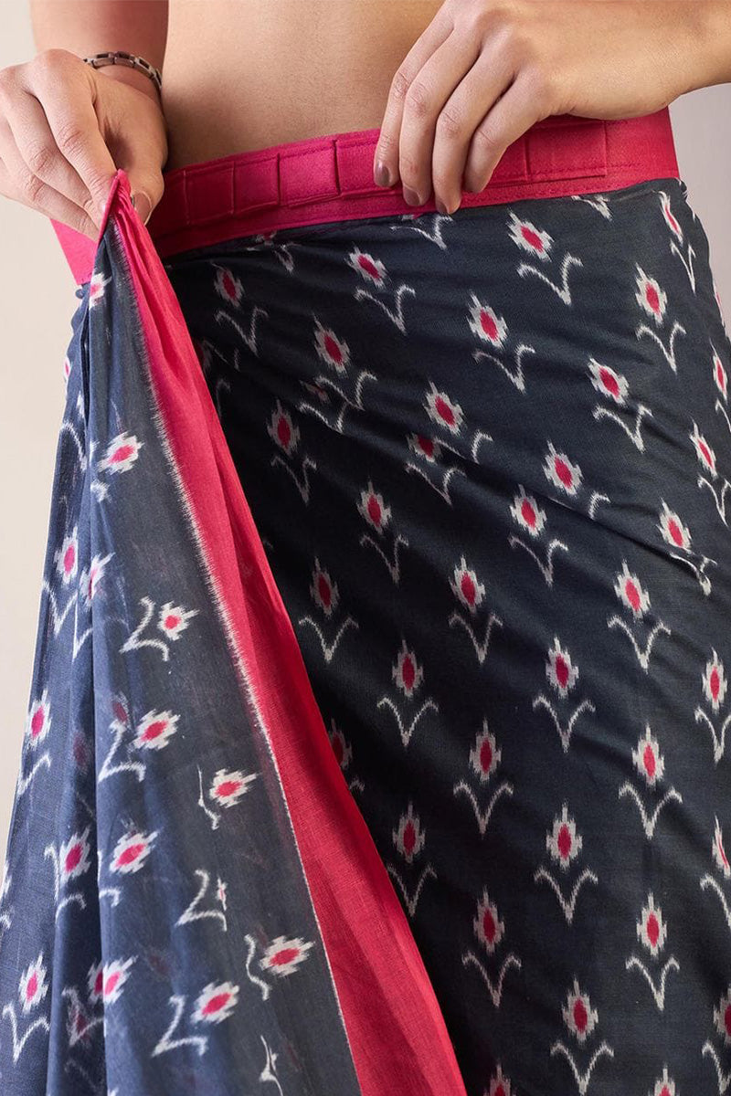 Redolent Navy Blue 1 Minute Ready To Wear Mul Cotton Digital Printed Saree With Pocket