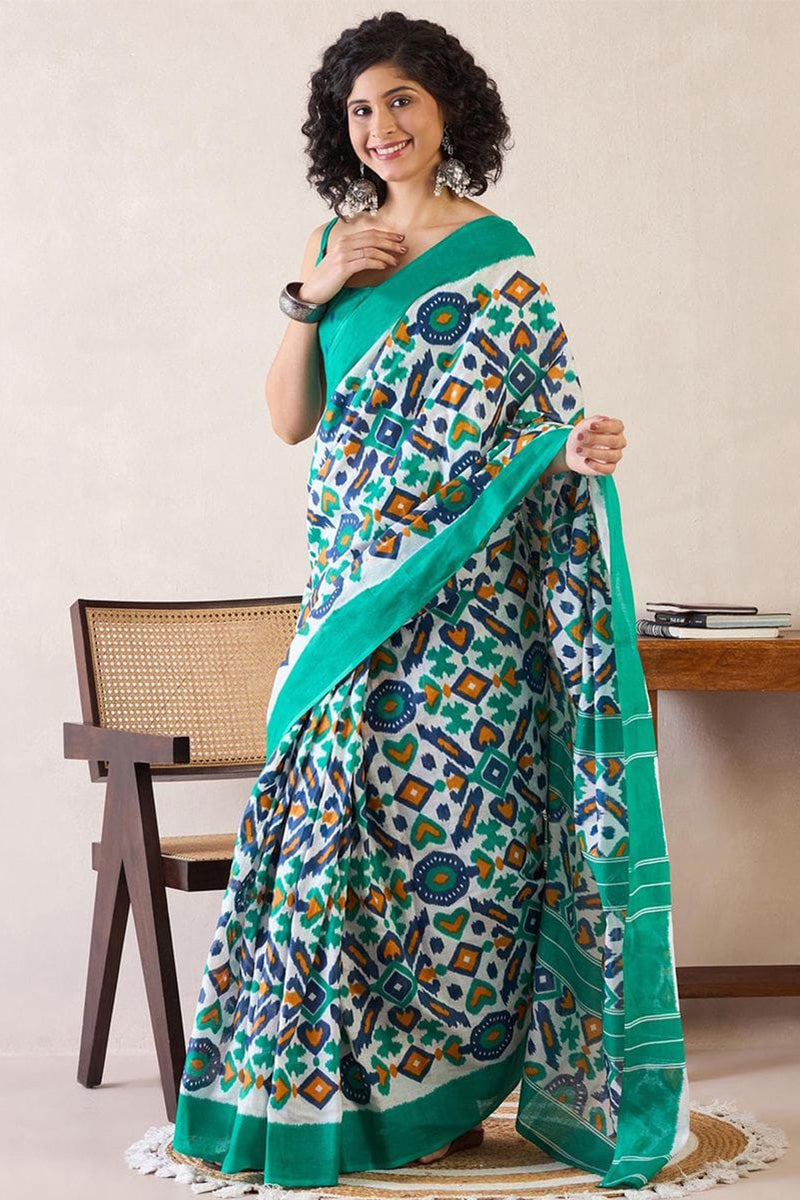 Sensational Firozi 1 Minute Ready To Wear Mul Cotton Digital Printed Saree With Pocket