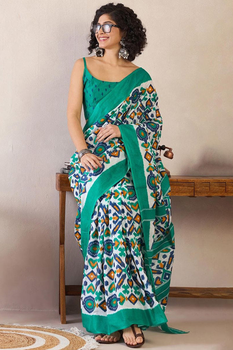 Sensational Firozi 1 Minute Ready To Wear Mul Cotton Digital Printed Saree With Pocket