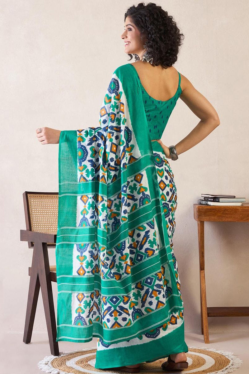 Sensational Firozi 1 Minute Ready To Wear Mul Cotton Digital Printed Saree With Pocket