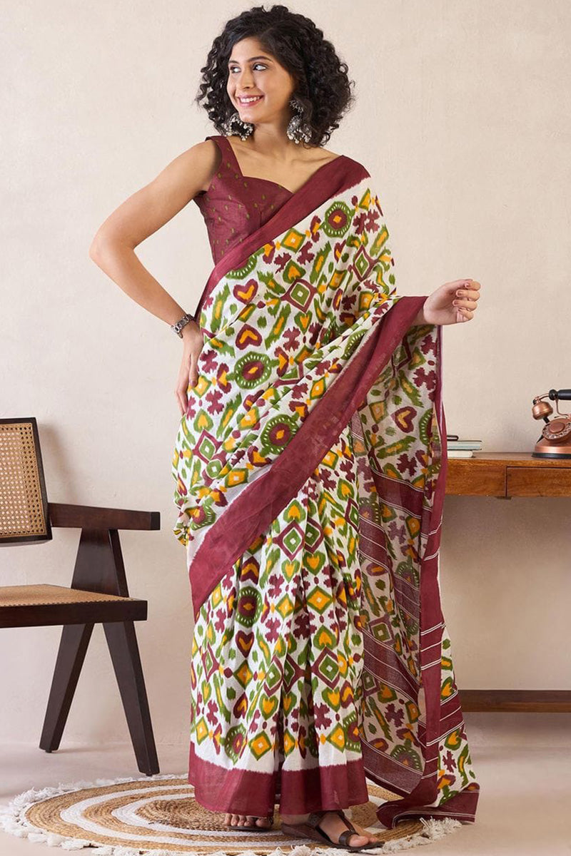 Tremendous Brown 1 Minute Ready To Wear Mul Cotton Digital Printed Saree With Pocket