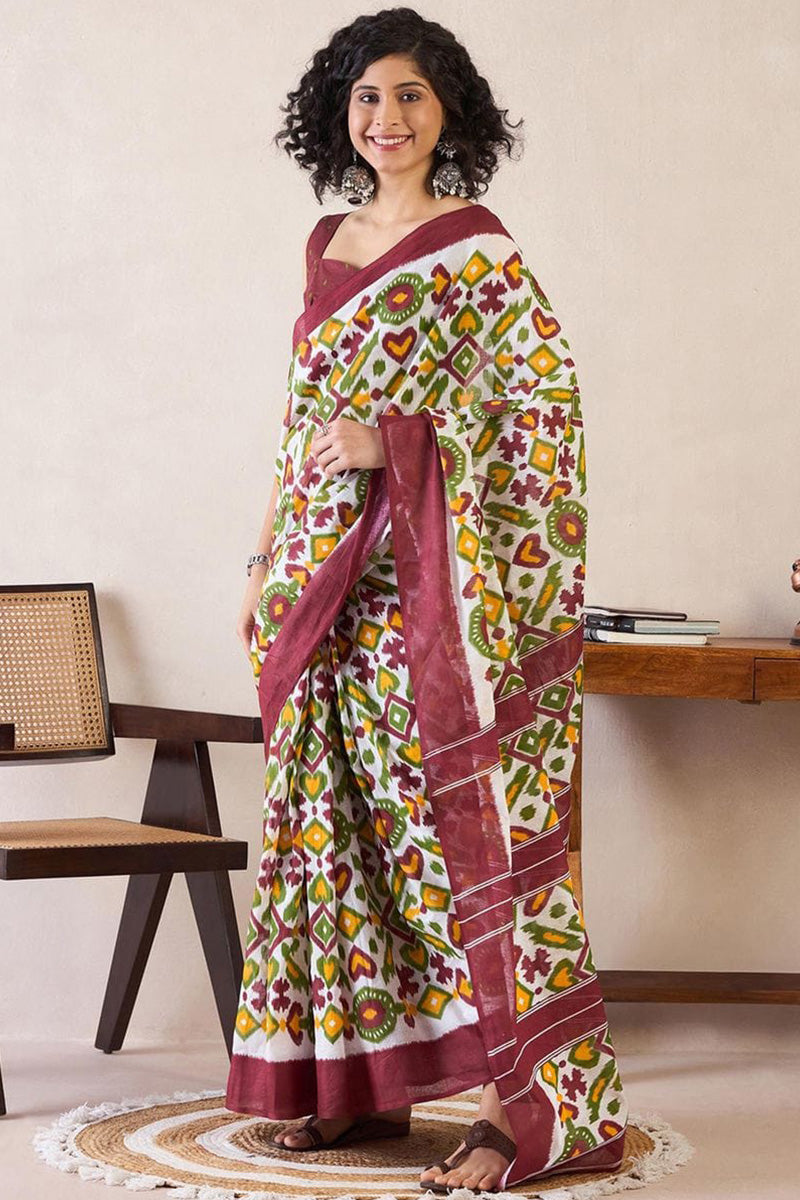 Tremendous Brown 1 Minute Ready To Wear Mul Cotton Digital Printed Saree With Pocket