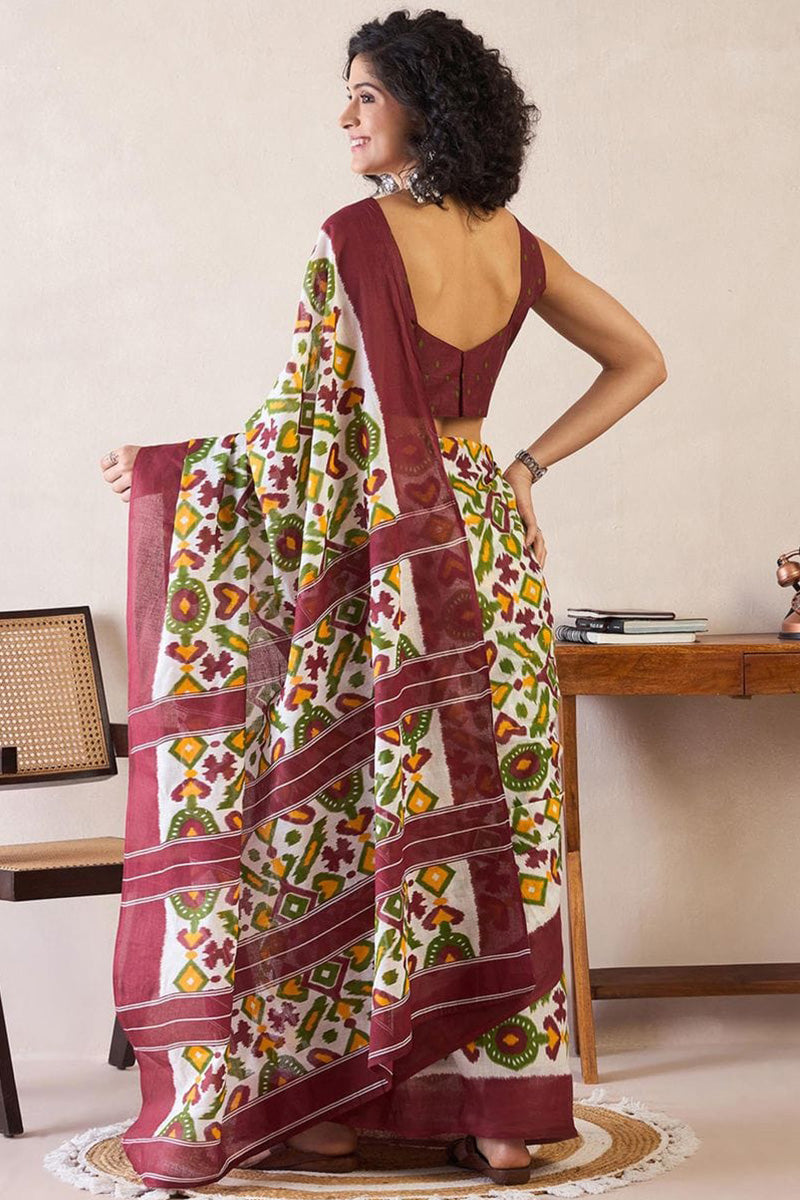 Tremendous Brown 1 Minute Ready To Wear Mul Cotton Digital Printed Saree With Pocket