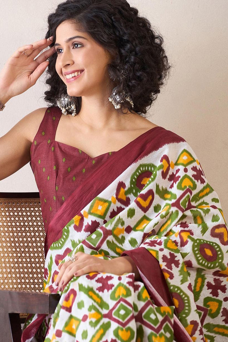 Tremendous Brown 1 Minute Ready To Wear Mul Cotton Digital Printed Saree With Pocket