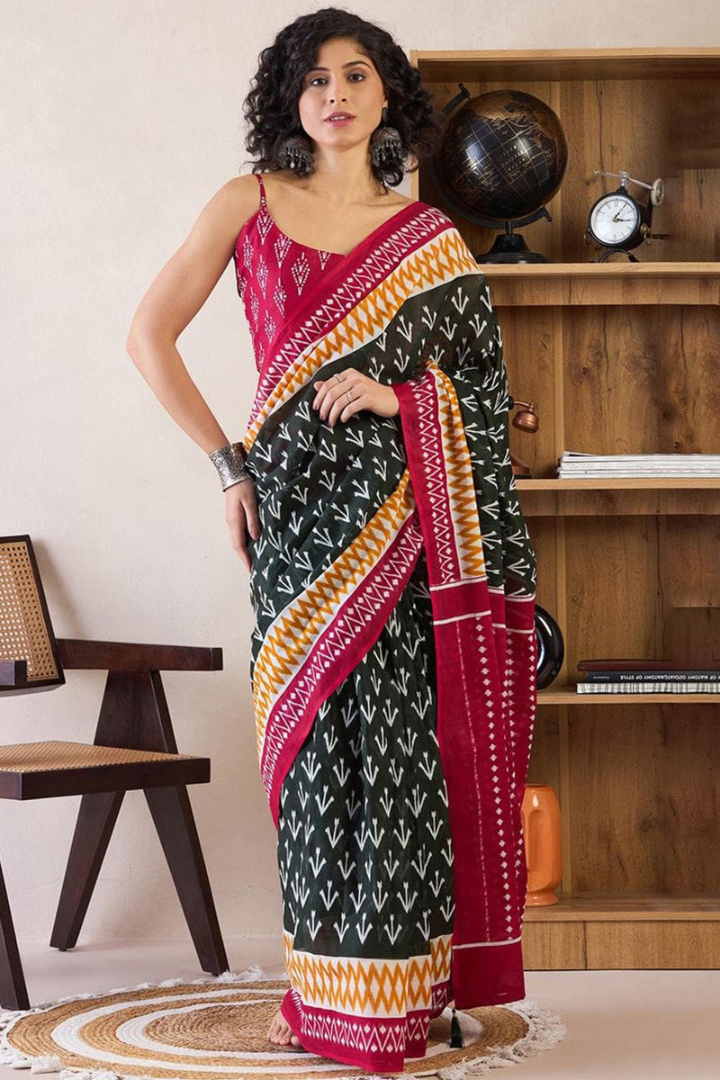 Adoring Black 1 Minute Ready To Wear Mul Cotton Digital Printed Saree With Pocket