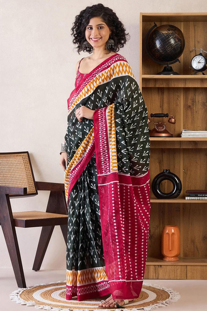 Adoring Black 1 Minute Ready To Wear Mul Cotton Digital Printed Saree With Pocket