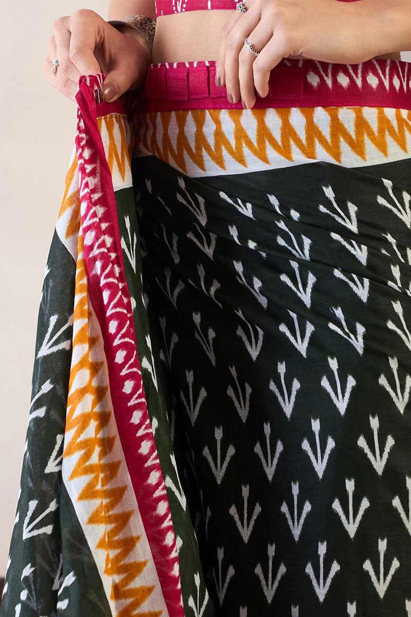 Adoring Black 1 Minute Ready To Wear Mul Cotton Digital Printed Saree With Pocket