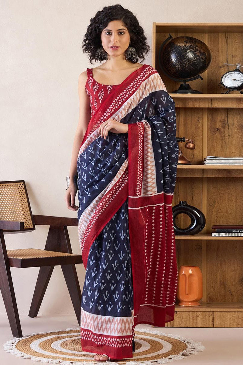Blissful Blue 1 Minute Ready To Wear Mul Cotton Digital Printed Saree With Pocket