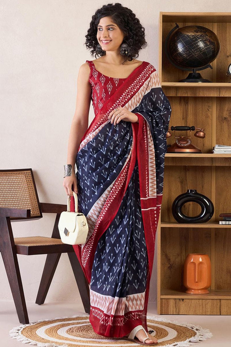 Blissful Blue 1 Minute Ready To Wear Mul Cotton Digital Printed Saree With Pocket