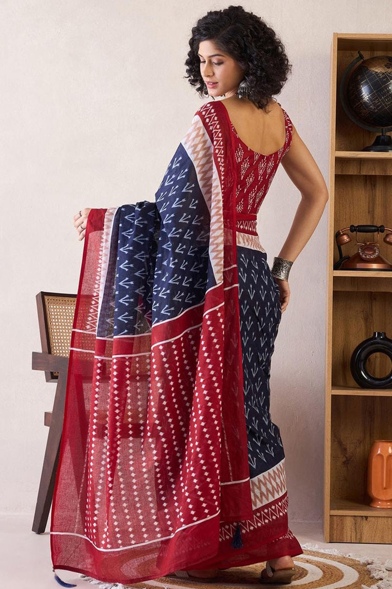 Blissful Blue 1 Minute Ready To Wear Mul Cotton Digital Printed Saree With Pocket