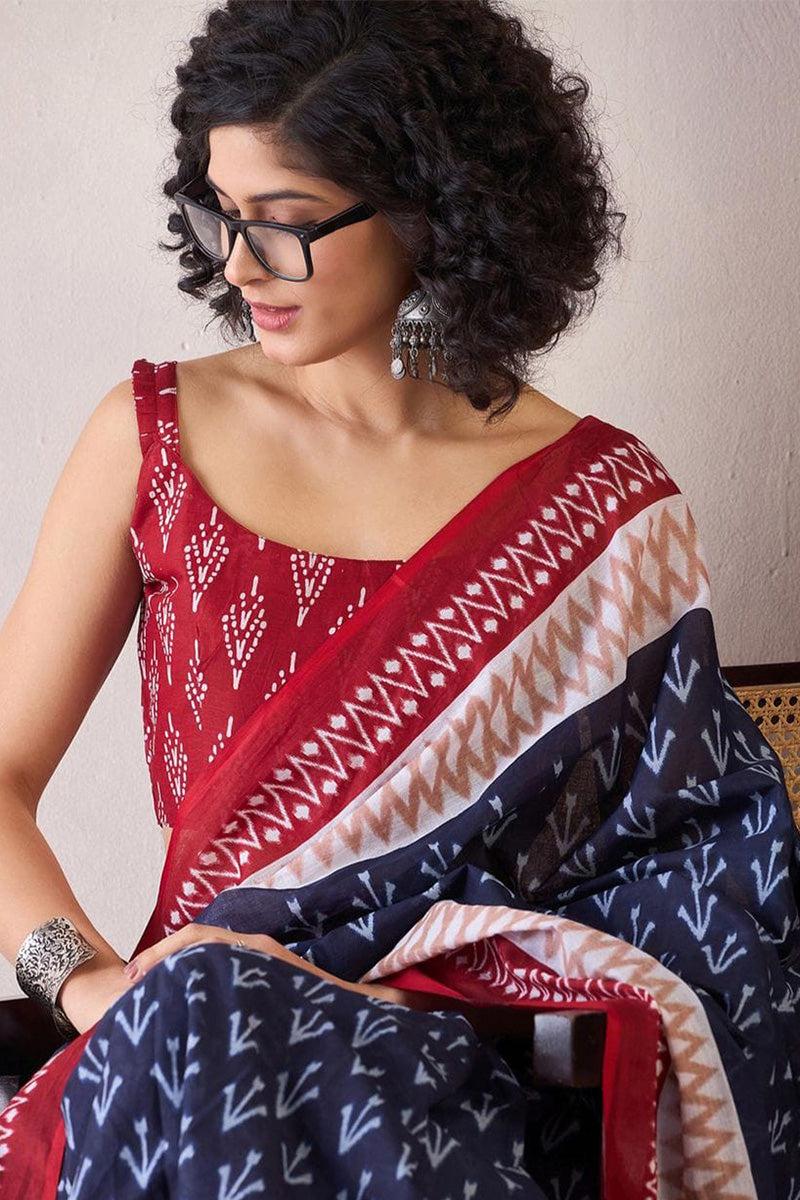 Blissful Blue 1 Minute Ready To Wear Mul Cotton Digital Printed Saree With Pocket