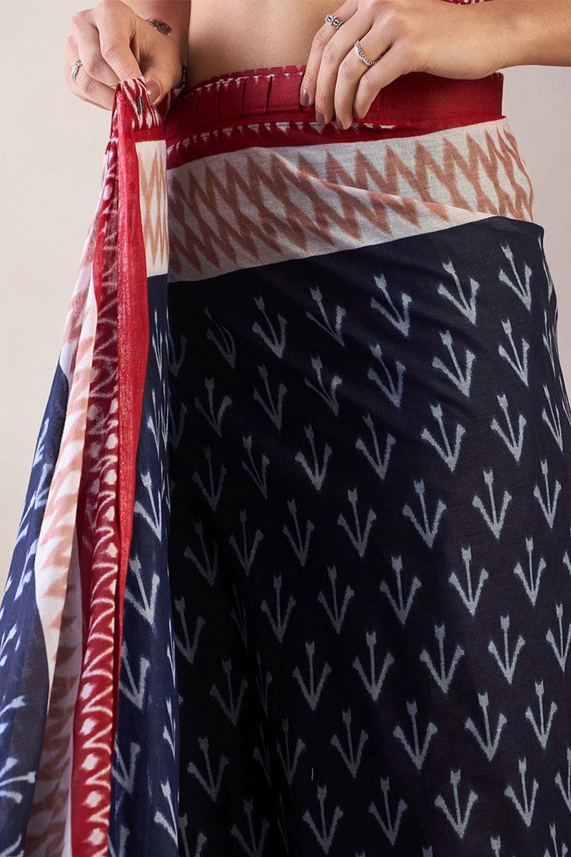 Blissful Blue 1 Minute Ready To Wear Mul Cotton Digital Printed Saree With Pocket