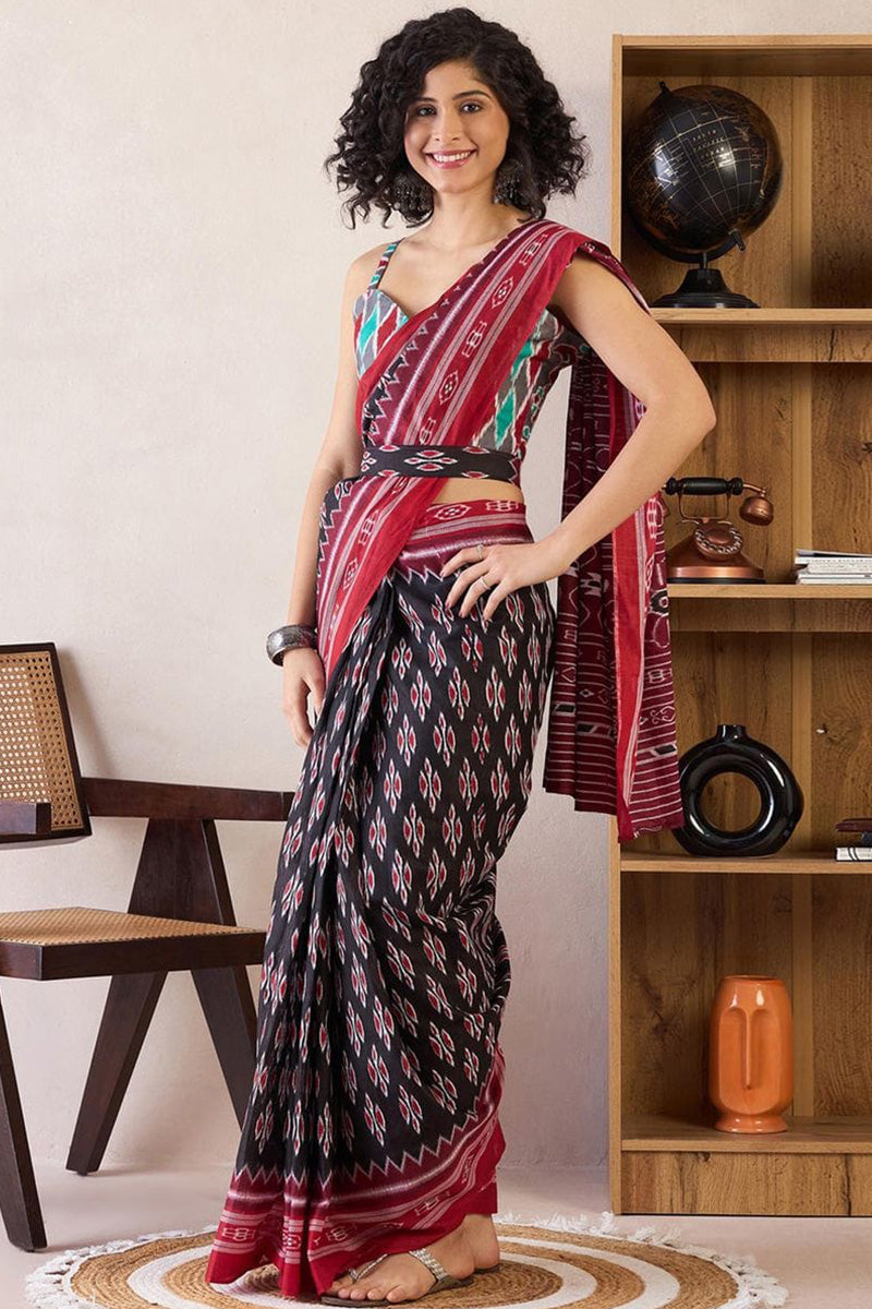 Classic Blue 1 Minute Ready To Wear Mul Cotton Digital Printed Saree With Pocket