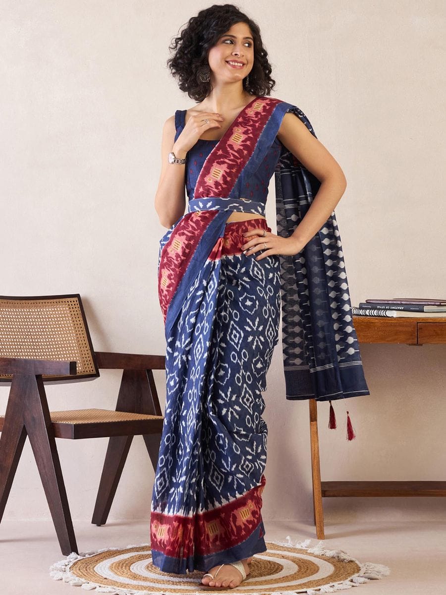 Elaborate Navy Blue 1 Minute Ready To Wear Mul Cotton Digital Printed Saree With Pocket