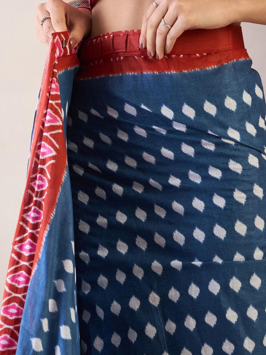 Glowing Blue 1 Minute Ready To Wear Mul Cotton Digital Printed Saree With Pocket