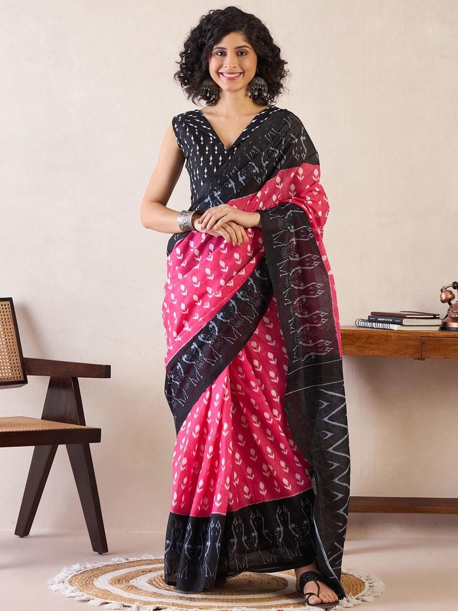 Improbable Pink 1 Minute Ready To Wear Mul Cotton Digital Printed Saree With Pocket