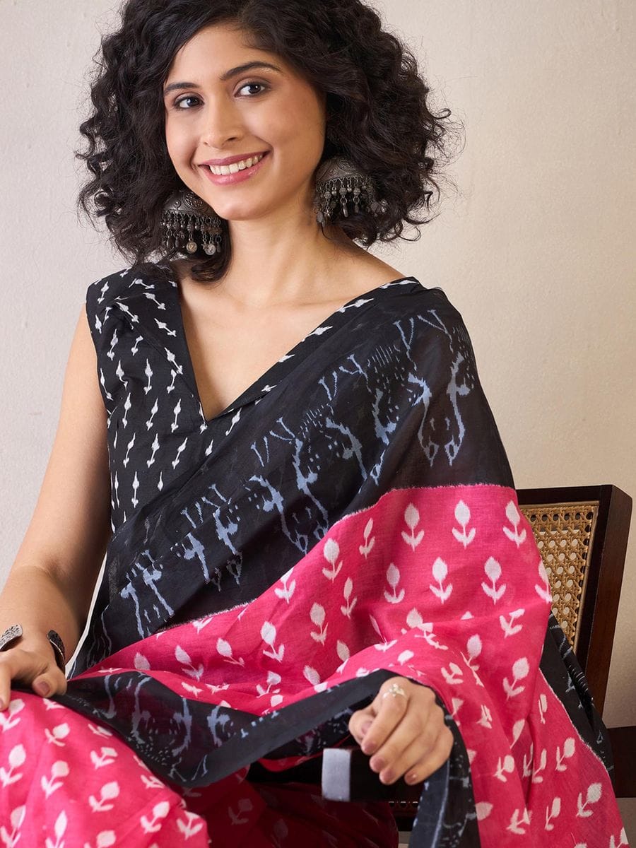 Improbable Pink 1 Minute Ready To Wear Mul Cotton Digital Printed Saree With Pocket