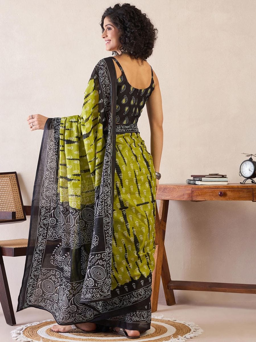 Pleasant Mehndi 1 Minute Ready To Wear Mul Cotton Digital Printed Saree With Pocket