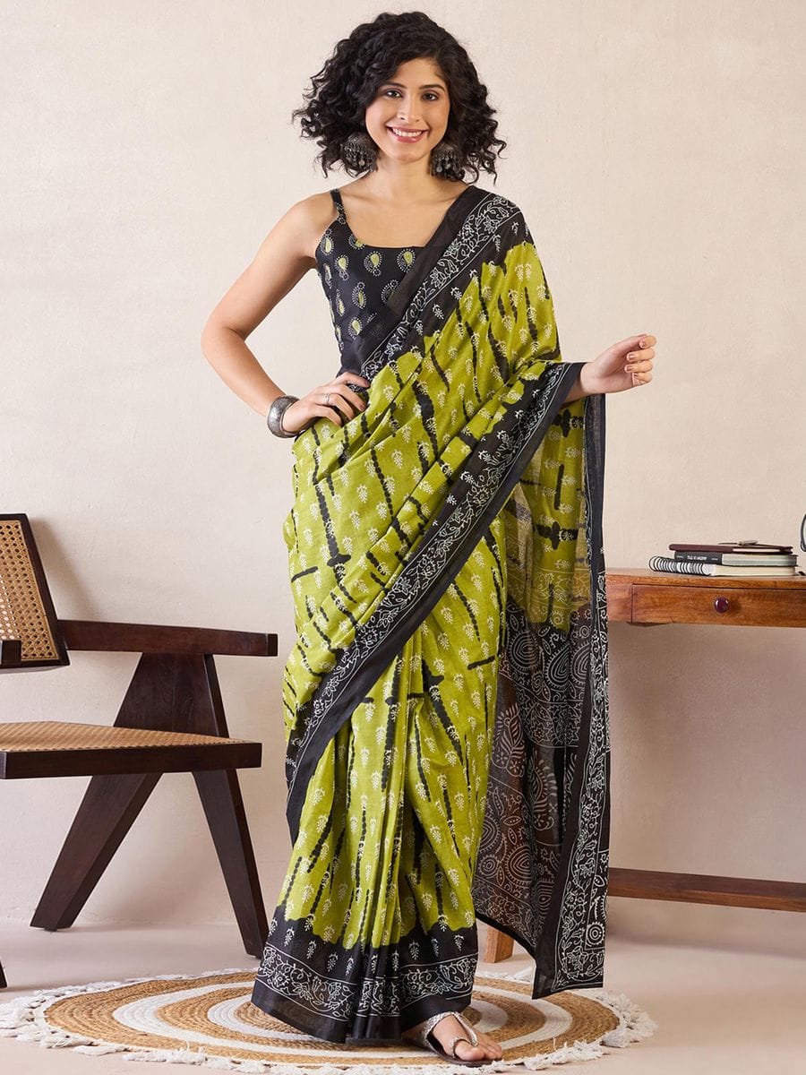 Pleasant Mehndi 1 Minute Ready To Wear Mul Cotton Digital Printed Saree With Pocket