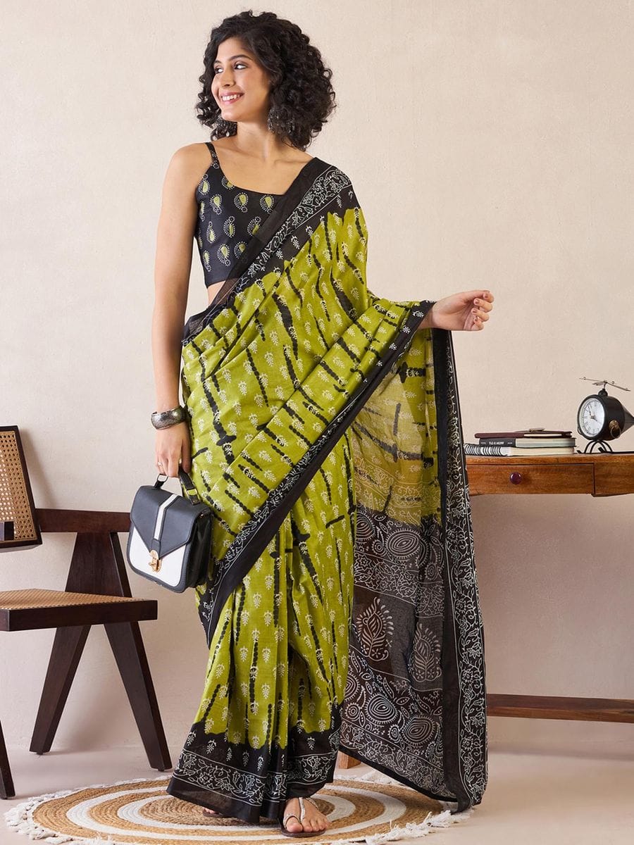 Pleasant Mehndi 1 Minute Ready To Wear Mul Cotton Digital Printed Saree With Pocket