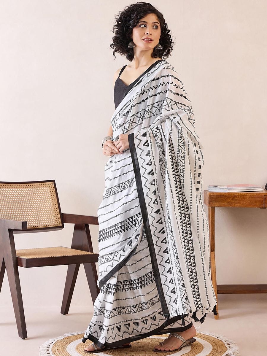 Refreshing White 1 Minute Ready To Wear Mul Cotton Digital Printed Saree With Pocket