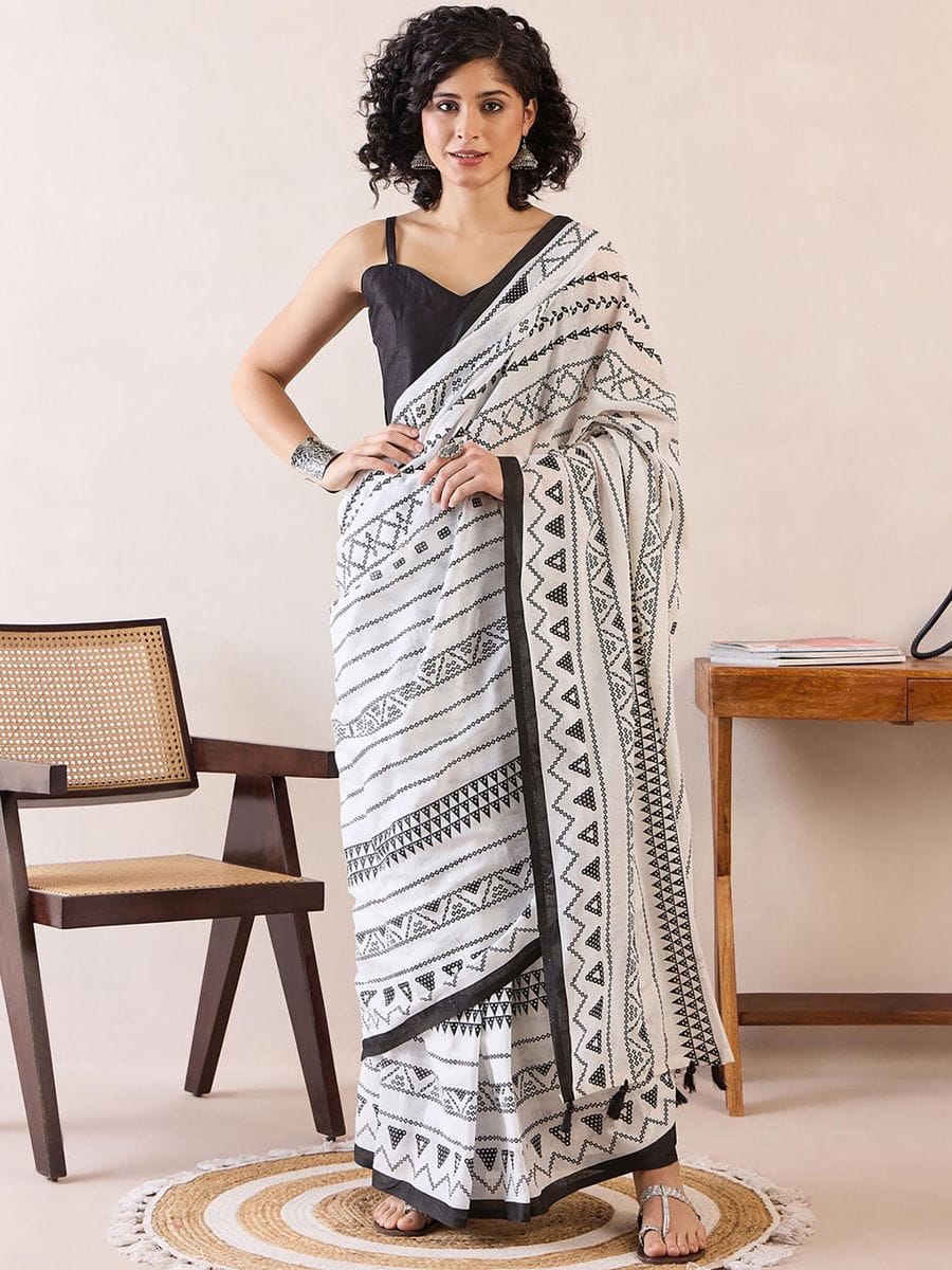 Refreshing White 1 Minute Ready To Wear Mul Cotton Digital Printed Saree With Pocket